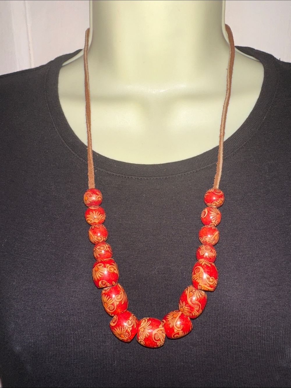 Handcrafted Red Floral Wooden Bead Necklace on Leather Cord
